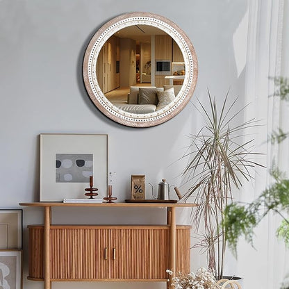 Reflinto 30 Inch Rustic Farmhouse Round Mirror for Wall Decor, | Boho Wood Frame Circle Decorative Mirrors for Bathroom Over Sink, Bedroom, Living Room, Entryway, Foyer