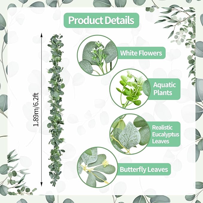 2 Pack Artificial Eucalyptus Garlands – 6ft Greenery Vines with Faux Eucalyptus Leaves, Butterfly Leaves, and White Flowers for Wedding Arch, Fireplace Mantel, Table, Doorway Decorations