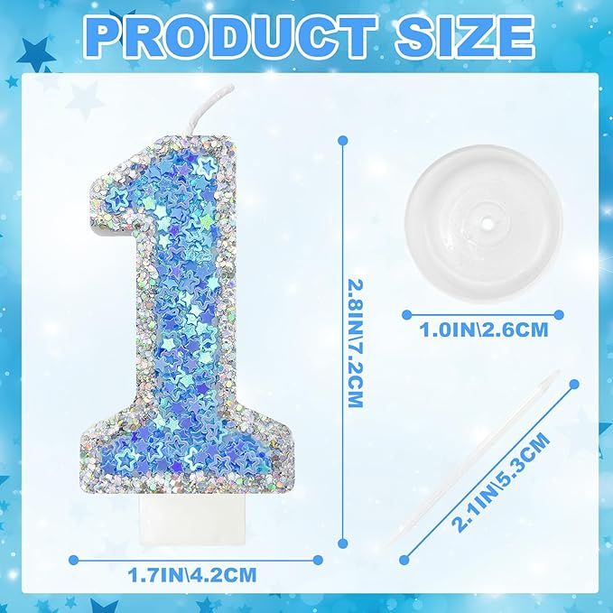 Blue Star Number 1 Candle for Cake Decoration, Glitter Star Cake Topper, Shaker Style Number Candle for Anniversary Celebration Party Supplies