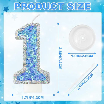 Blue Star Number 1 Candle for Cake Decoration, Glitter Star Cake Topper, Shaker Style Number Candle for Anniversary Celebration Party Supplies