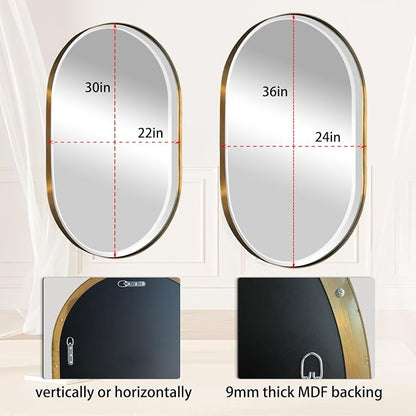 POZINO Beveled Bathroom Mirror, 24"x36" Brushed Gold Oval Vanity Mirror Over Sink, Pill Shaped Capsule Wall Mirrors for Bedroom Entryway Living Room, Hangs Vertically or Horizontally