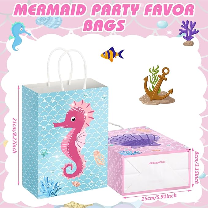 Outus 24 Pcs Mermaid Birthday Party Favor Bags Mermaid Gift Goodie Treat Candy Bags Under the Sea Gift Wrap for Kids Princess Baby Shower Party Supplies