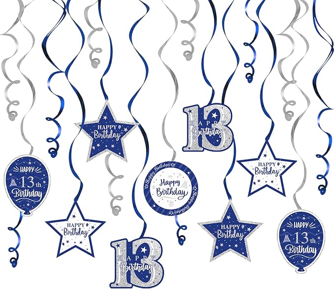 Happy 13th Birthday Blue & Silver Glitter Swirls Streamers Party Decorations - 15 Pcs 13th Birthday Hanging Swirls Streamers Kit,Cheers to Thirteen Years Old Bday Party Sign.