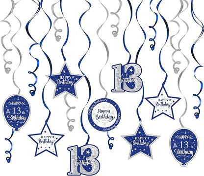 Happy 13th Birthday Blue & Silver Glitter Swirls Streamers Party Decorations - 15 Pcs 13th Birthday Hanging Swirls Streamers Kit,Cheers to Thirteen Years Old Bday Party Sign.