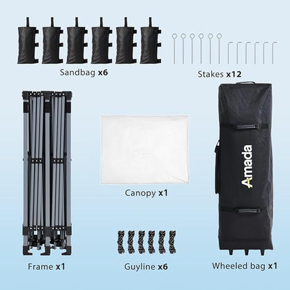 Amada 20x10 Pop Up Canopy Tent - Center Lock One Push Commercial Instant Canopies with 3-Height Adjustable & Wheeled Bag, 12 Stakes 6 Sandbags 6 Ropes, Great for Trade Shows, Events (20x10ft, White)