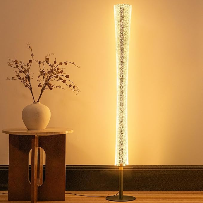 NUÜR Modern LED Floor Lamp with Remote & Foot Switch, 2700K–6500K 3 Color Temps & 10–100% Dimming, Sparkly Glitter Acrylic Tube Column, Slim Black Tall Standing Lamp for Living Room Bedroom Office