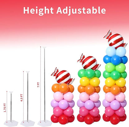 Rainbow Candy land Balloon Column Stand Kit Set of 2, 7 Feet Height Balloon Towers Set of 2 with Candy Gift Box Foil Balloons for Sweet Baby Shower Christmas Candyland Party Decorations