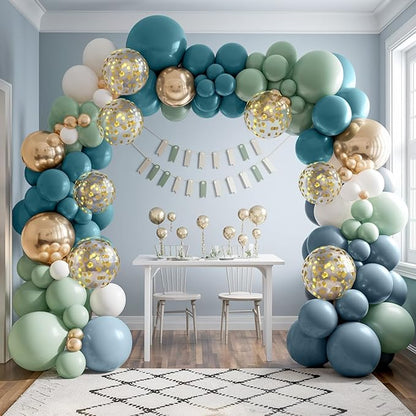 Dusty Blue Balloon Garland Arch Kit, Sage Green Dusty Blue Sand White Gold with Confetti Latex Balloons for Boy Baby Shower Wedding Birthday Party Decorations