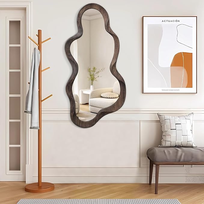 Asymmetrical Mirrors for Wall Unique Cloud Wood Frame Irregular Mirror Modern Living Room Bedroom Vanity Entryway Hallway Decorative Artistic Wall Mirror Brown