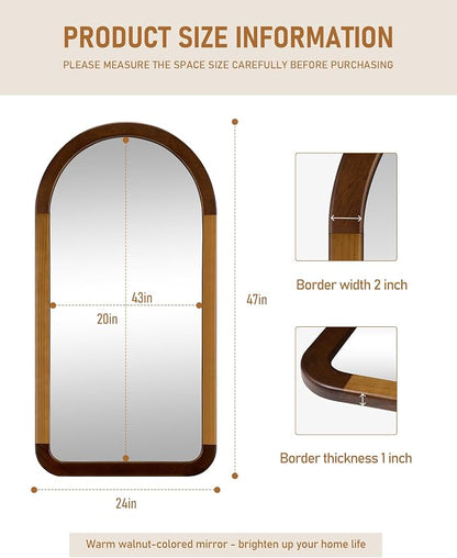 Arched Mirror 24 x 47 Inch,Brown Wood Rustic Bathroom Tempered Wall Mirror with Wood Frame,Round Corner Arch Farmhouse Wooden Vanity Mirror for Living Room,Entryway or Bedroom（Walnut Brown）
