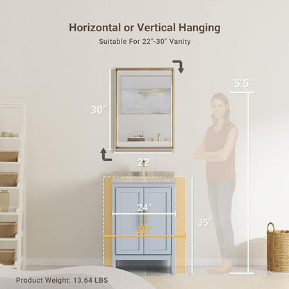 Gold Bathroom Mirror, 22x30 Brushed Gold Bathroom Mirror Beveled Edge, Gold Framed Rectangle Bathroom Vanity Mirror, Anti-Rust Brushed Brass Metal Frame Wall Mirror Vertical/Horizontal
