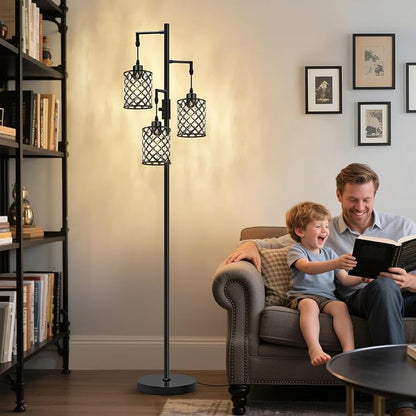 GyroVu Crystal Floor Lamps for Living Room, 3-Light Black Floor Lamp, Standing Tall Lamp with Elegant K9 Crystal Shade & Rotary Switch, Modern Corner Floor Lamp for Bedroom, Home Office, Reading