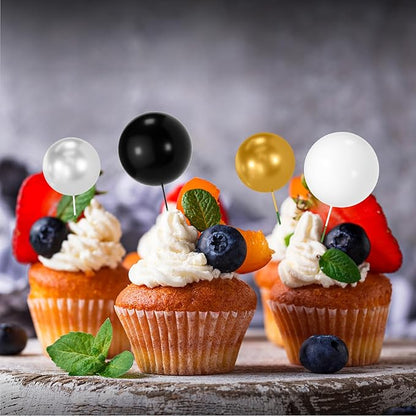 NACHLYNN 80 Pcs Cake Balls Decorations Mini Balloon Cake Topper Balls Foam Cupcake Toppers Balls for Cake Decorating Birthday Parties Weddings Anniversary (Black Silver Gold Series)