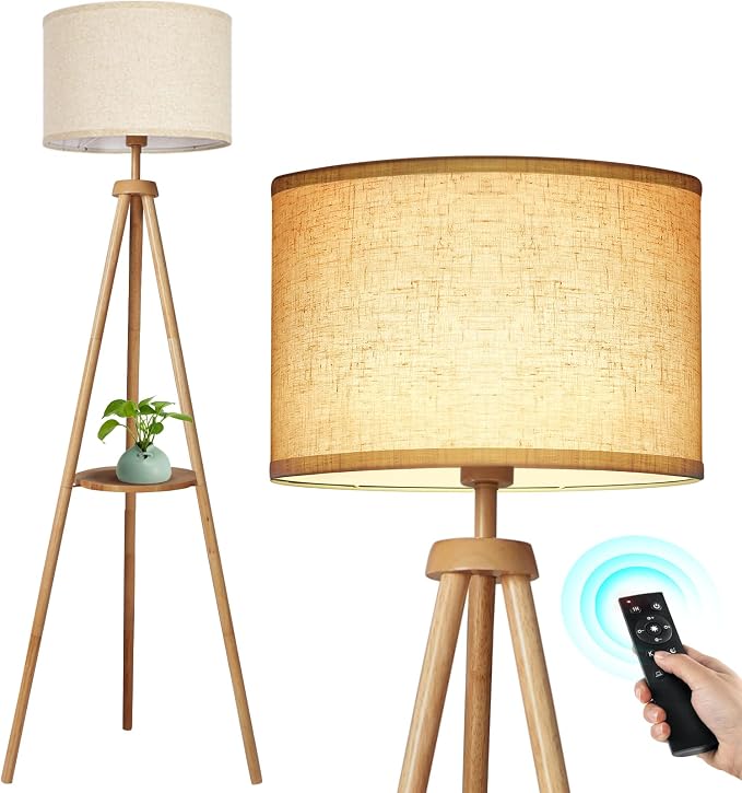 OUTON Wood Tripod Floor Lamp with Shelves, Mid Century Floor Lamp with Remote Control,4 Color Temperature, LED Modern Dimmable Standing Lamp with Beige Linen Shade for Living Room, Bedroom, Office