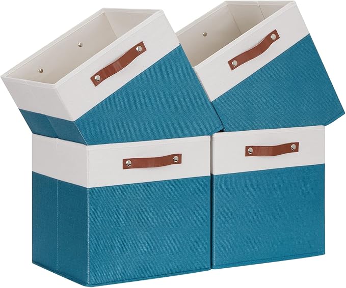 Temary Cube Storage Bins Storage Cube Bins for Home, 4 Pack Fabric Storage Bins for Organization, Storage Cubes 13x13 Cube Baskets with Leather Handles (White&Teal)