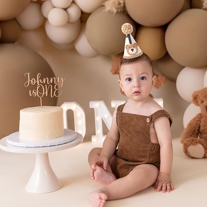 Bear 1st Birthday Party Decorations - Teddy Bear Crown Outfit, Woodland Camping Theme, Cone Hat