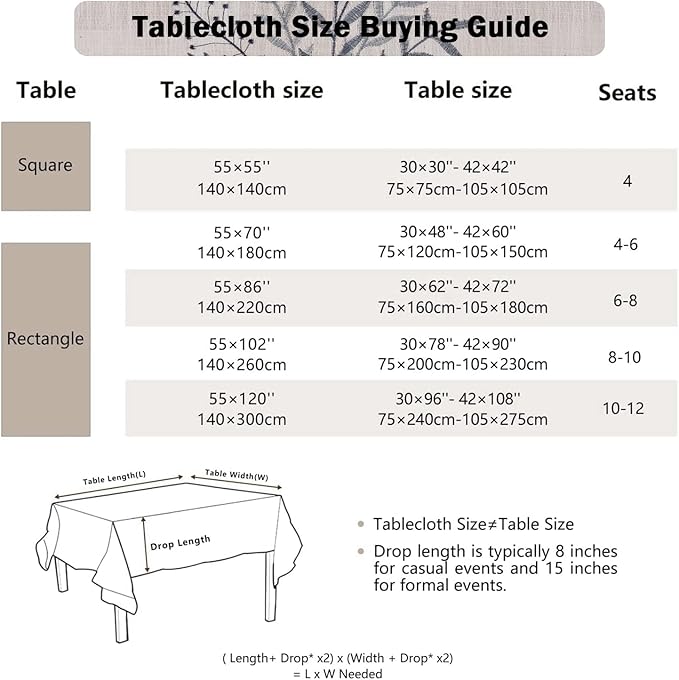 Joyfol Day Rustic Waterproof Linen Tablecloth, Heavy Weight Fern Embroidery Table Cloths for Rectangle Tables, Farmhouse Spill-Proof Table Covers with Tassels, Blue 55''x 102''