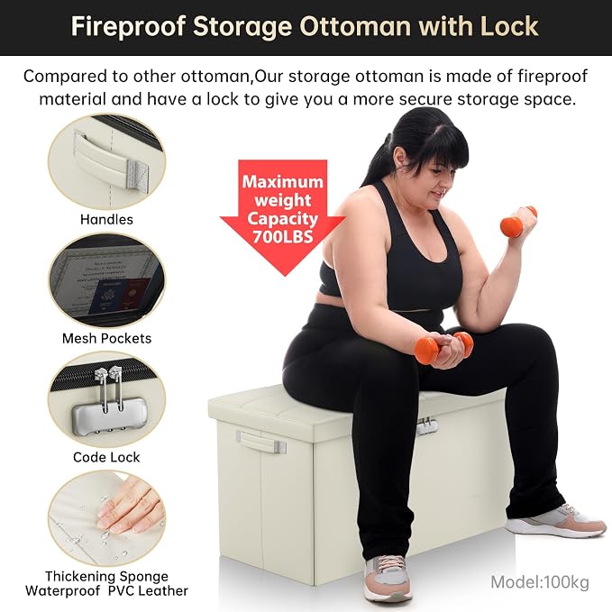 ENGPOW Storage Ottoman Bench, Fireproof Folding Bench