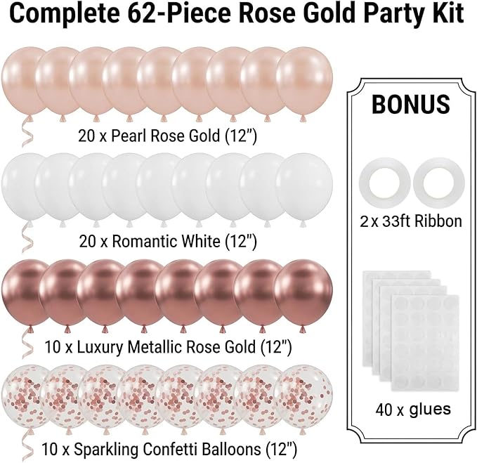 60pcs Rose Gold confetti Balloons, 12 inch White and Rose Gold Confetti Party Balloons for Wedding, Bridal Baby Shower, Princess Birthday, 2026 Graduation Party Decorations