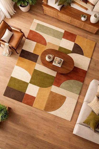 Hand Tufted Wool Geometric Rug – Mid Century Modern Terracotta Olive Cream Area Rug 8x10