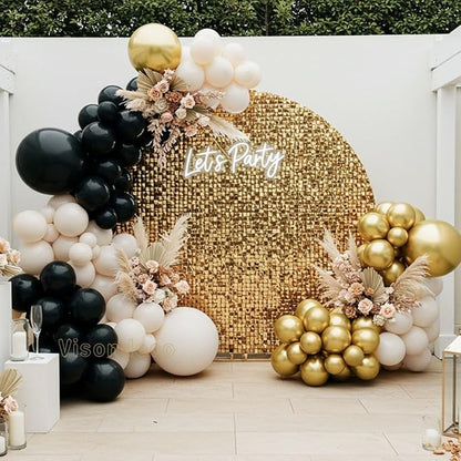Black White and Gold Balloon Arch Kit – Double Stuffed Balloons in Black, Ivory with Metallic Gold – 5”/12”/18” Balloons for Graduation, Birthday, Retirement, New Year, Balloon Garland Decorations