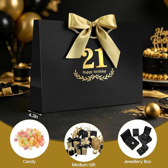 JMANNI Black Gold 21st Birthday Gift Bag with Card and Tissue Paper, 14.2"×9.84"×4.3" Large Present Bag for Adults, 21 Year Old Birthday Keepsake Party Supplies