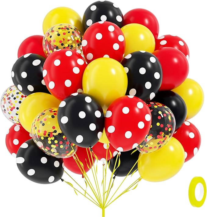 60pcs Red and Yellow Balloons 12inch with Red Print Confetti Black and Yellow Balloons for Baby Shower 1st 2nd 3rd Birthday Party Decorations