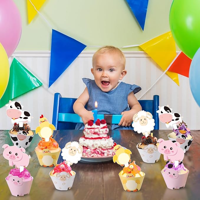 Blulu 60 Pieces Farm Animal Cupcake Toppers and Wrappers for Farm Theme Party Cupcake Wrappers Toppers Animal Birthday Barnyard Party Decoration Baby Shower Supplies