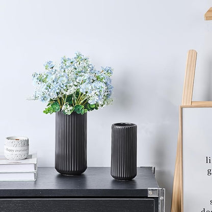 Black Ceramic Flower Vase for Pampas Grass, 10 inch Large Decorative Centerpiece Ribbed Vase for Dining Table, Office Desktop, Shelf Bookshelf, Mantel, Entryway, Bathroom, Countertop, Farmhouse, Gift