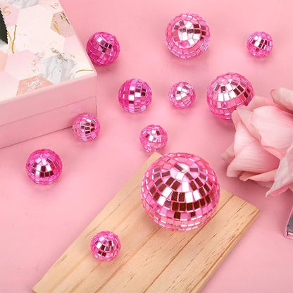 PEUTIER 12pcs Disco Ball Cake Toppers, 4 Sizes Disco Theme Cake Toppers Disco Ball Cupcake Decorations Dessert Accessories for Birthday Cake 70s Theme Party Favor(Pink)