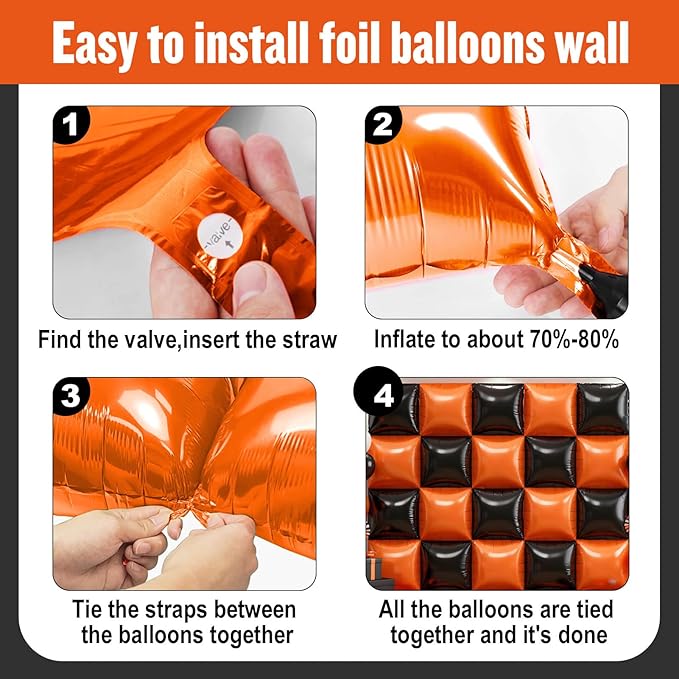 50Pcs Black and Orange Square Foil Balloons Wall Backdrop, Double Sided Metallic Foil Balloons Tunnel Arch Garland Kit for Photo Booth Birthday Wedding Halloween Christmas Party Decorations