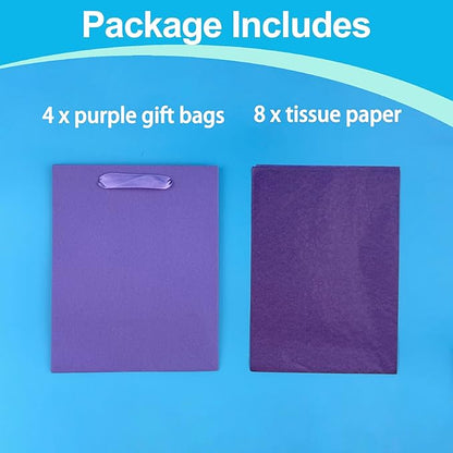 MOXARYSU 4 Pcs Medium Purple Gift Bags: 8x5x10 Inches Gift bags With Handles Party Favor Bags With 8 Tissue Paper For Party,Birthday,Baby Shower,Wedding（Purple）