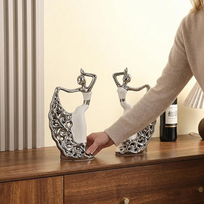 2 Pcs Ceramic Statues Home Decor, Dancer Women Sculpture Figurine, Modern Aesthetic Abstract Art Decorative Accent for Living Room Bedroom Bookshelf Dining Table Centerpiece Office (White and Silver)
