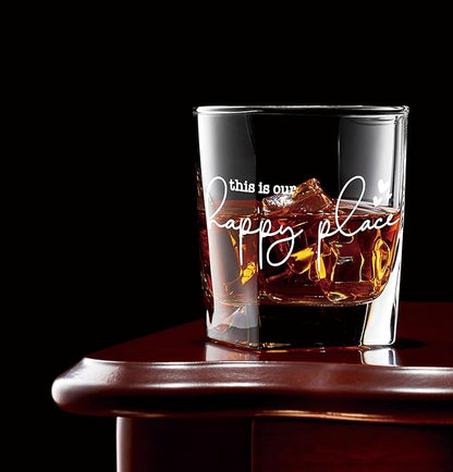 Nogrit This Is Our Happy Place Whiskey Glasses 10 oz, Modern Farmhouse Old Fashioned Rocks Glasses for Men Women Drinking Cocktail Scotch Vodka Tequila Rum