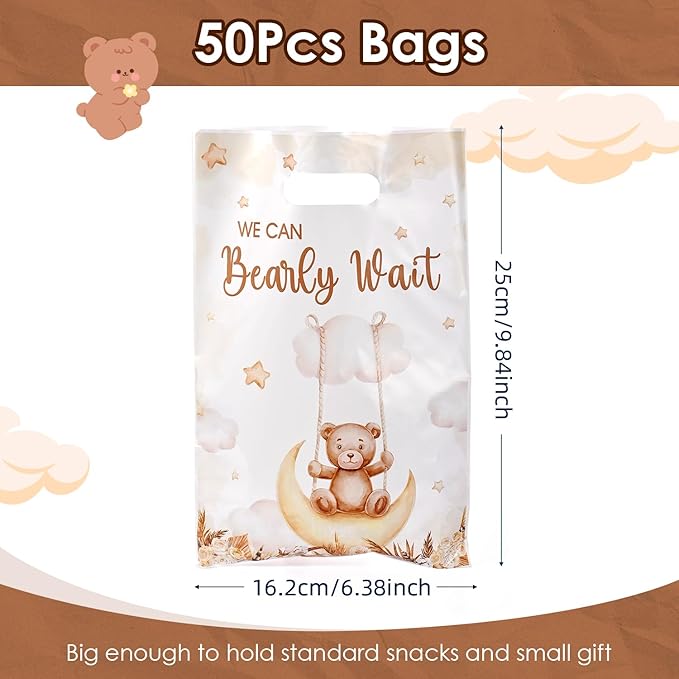 50 Pcs Cute Bear Party Favor Bags with Handles - Plastic Treat Bags for Candy & Small Gifts, Bulk Supplies for Wedding Baby Shower Goodie Bags, Holiday Gift Bags for Thanksgiving Halloween Christmas New Years, Birthday Party Decorations