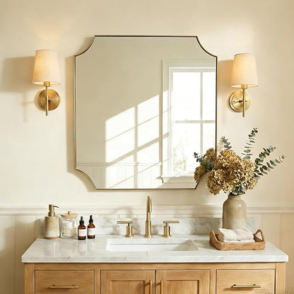 ANDY STAR 30"x30" Gold Vanity Mirror, Square Bathroom Mirror, Antique Brushed Brass Scalloped Mirror in Rust-Proof Stainless Steel Frame, Unique Scalloped Corner Design Ideal for Bathroom Remodel