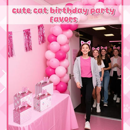 Marspark 24 Pcs Kitty Party Favor Pink Bow Tie Gift Boxes Cartoon Cat Happy Birthday Decoration Kitten Birthday Gift Candy Boxes for Kitty Theme Party Favor Supplies
