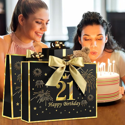 JMANNI Black Gold 21st Birthday Gift Bag with Card and Tissue Paper, 12.6"×9.84"×3.9" Elegant Present Bag for Adults, 21 Year Old Birthday Keepsake Party Supplies