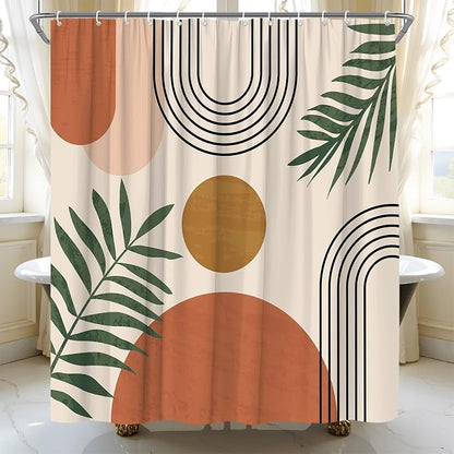 Mid Century Modern Shower Curtain Boho Beige Orange Abstract Retro Aesthetic Fabric for Bathroom Decor Bathtub with Hooks (70" WX84 H)