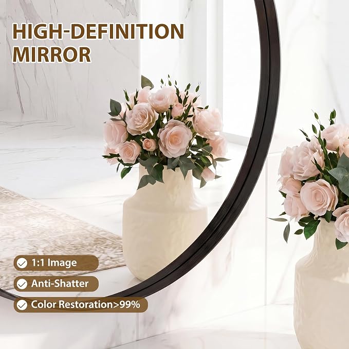 NEWBULIG 24-Inch Round Wall Mirror, Bathroom Wall Circle Mirror with Metal Frame, Bathroom Decor for Entryway, Living Room, Vanity, Black