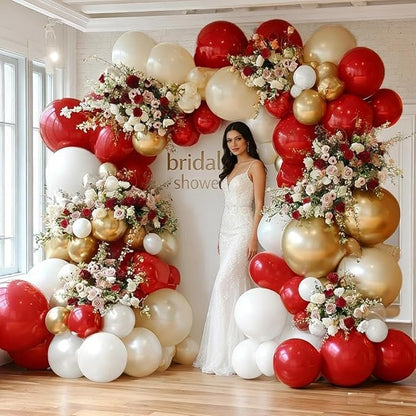 Red White Gold Balloon Garland Double Stuffed Burgundy Red White Sand Pearl Balloon Arch Kit Maroon Wine Balloons for Birthday Bridal Shower Wedding Anniversary Graduation Party Decorations