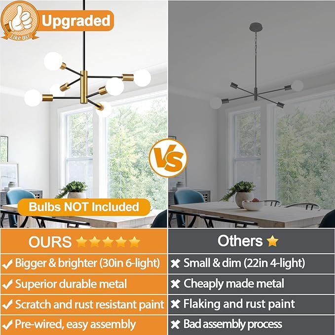 10.9"-52.3" Height Adjustable Chandelier Dining Room Light Fixture, 6-Light Modern Sputnik Chandeliers Brushed Gold and Black Mid Century Chandelier Over Table, Chandeliers for Dining Room Living Room