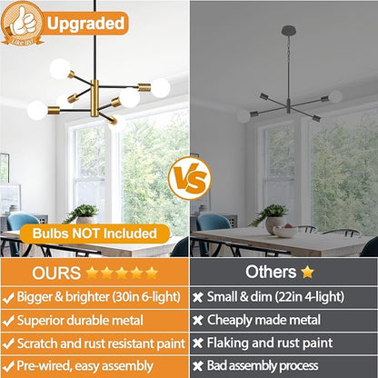 10.9"-52.3" Height Adjustable Chandelier Dining Room Light Fixture, 6-Light Modern Sputnik Chandeliers Brushed Gold and Black Mid Century Chandelier Over Table, Chandeliers for Dining Room Living Room