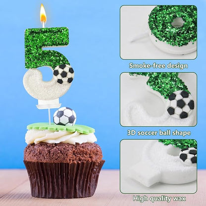 Birthday Candles，Soccer Birthday Decorations，Soccer Cake Topper,for Girl and boy Cake Toppers, Wedding Cakes, Anniversaries, Party Celebrations, Birthday Decorations (Green White, Number 5)
