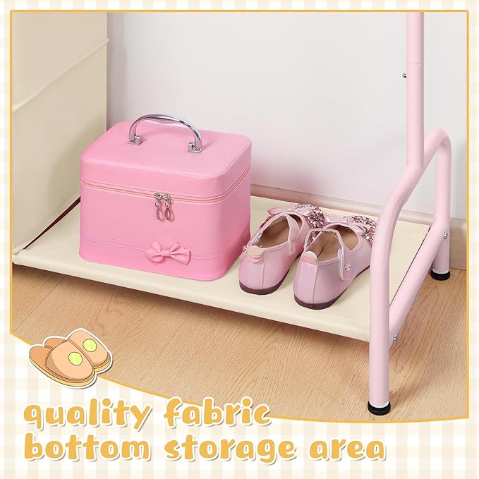 Univivi Kids Clothing Rack with Hanging Organizer, Short Toddler Dress Up Storage Rack for Hanging Clothes, Kids Wardrobe Closet for Baby Clothes, Dance Costumes, Pink/Beige