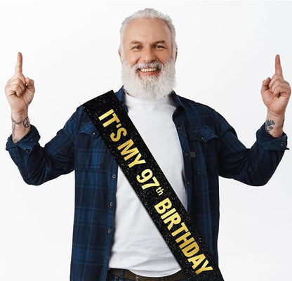 It's My 97th Birthday Sash for Men Women, Black Glitter Sash with Gold Foil
