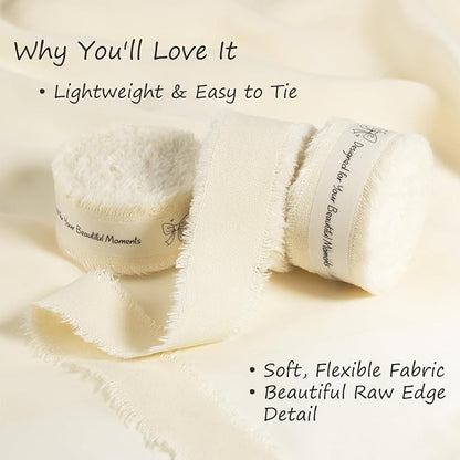Ivory Cotton Ribbon 1 Inch Ivory 3 Rolls 21 Yards Frayed Edge Fabric Set for Wedding Invitations, Bridal Shower, Anniversary Celebration, Elegant Event Decor & Gift Wrapping