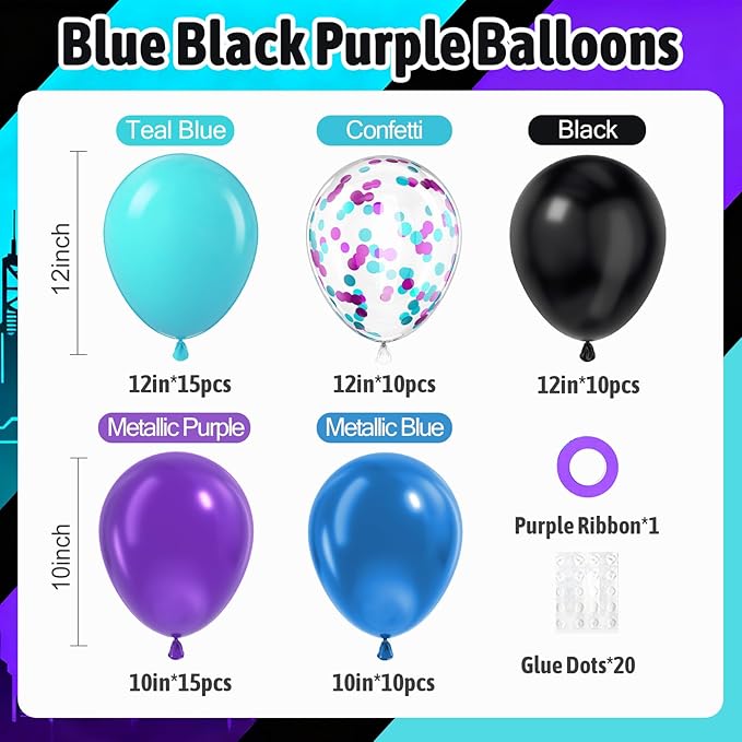60pcs Blue and Purple Balloons 12inch with Metallic Purple Black Teal Blue Confetti Balloons for Video Game Birthday Party Decorations