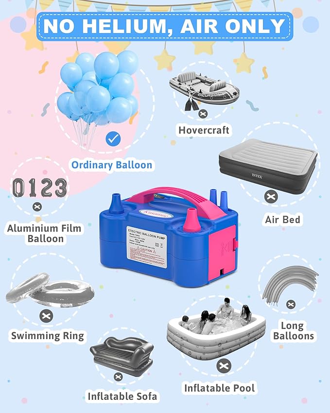 Electric Balloon Pump, Balloon Inflator Machine for Balloons at Home, Portable Dual Nozzle Air Pump Balloon Inflator/Blower Bulk Balloons Filling for Kids Party Decoration(Blue,110V)