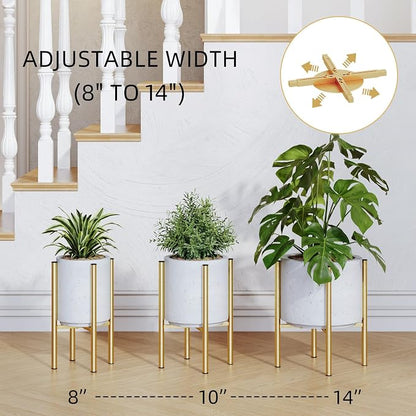 Adjustable Metal Plant Stand Indoor, Fits 8-14 Inch Pots, Mid Century Modern Gold Planter Holder,2 Heights, Heavy Duty 160 lb, Indoor Outdoor Corner Floor Pot Stand, Golden with Round Plate 2 Pack